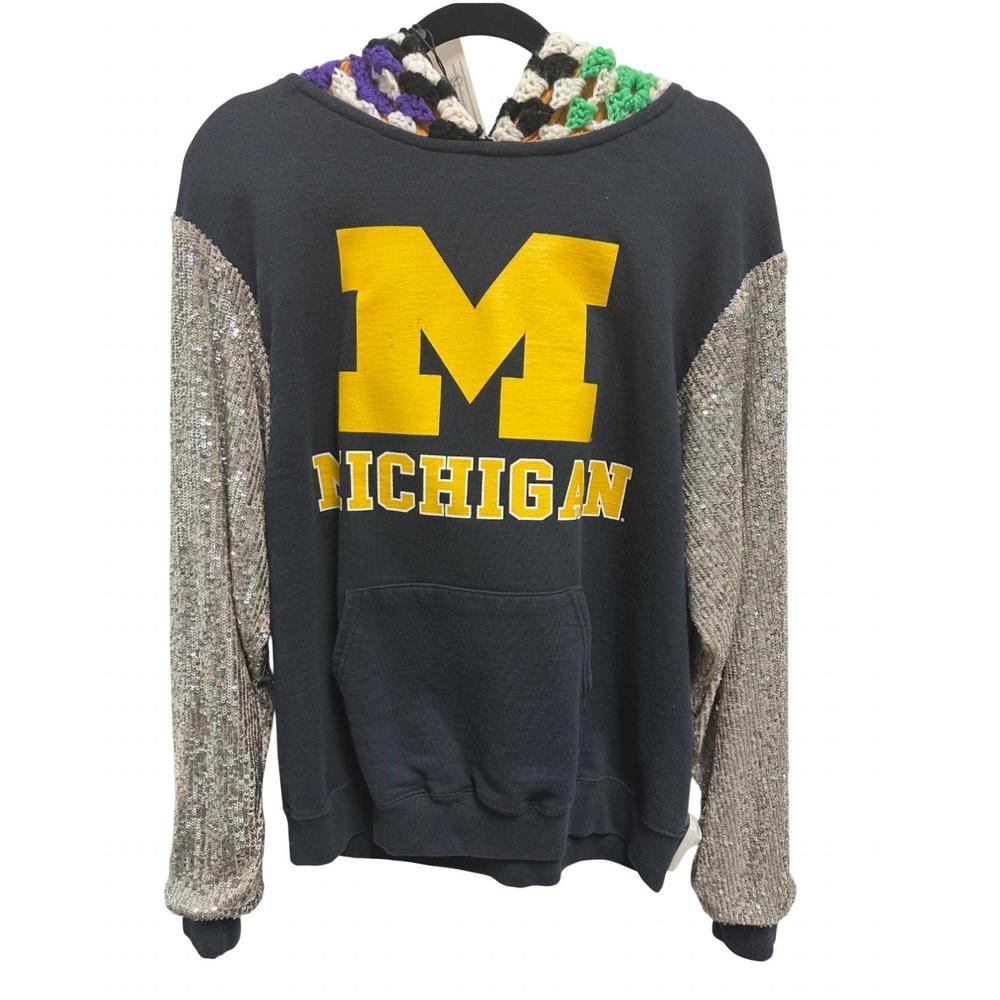NEW OPD NEW YORK women's sweatshirt with sequin arms and crochet hood in navy/ye